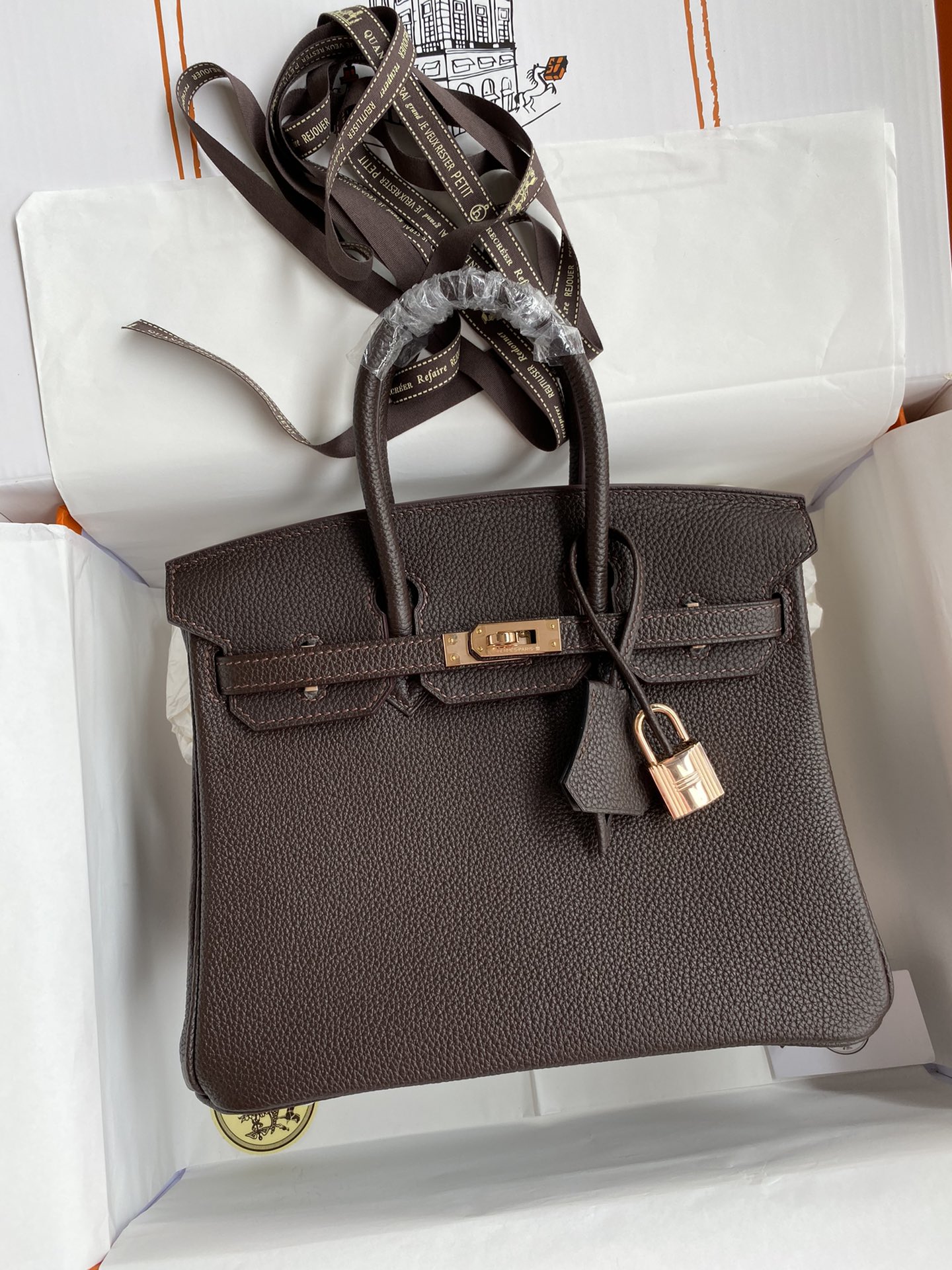 Birkin 25cm piel Togo importada color chocolate herrajes rosa dorado