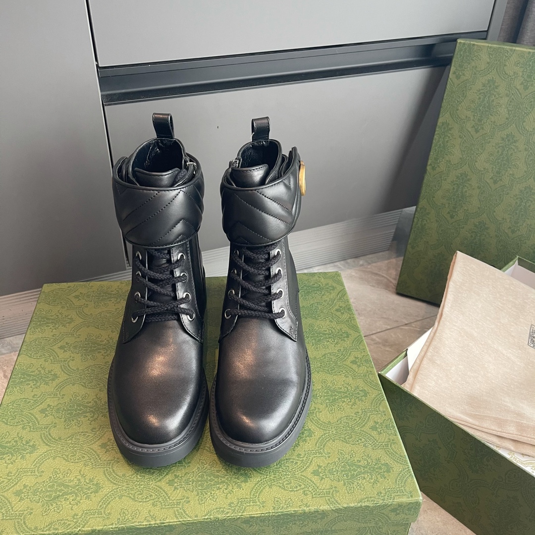 GUCCI 短靴 小牛皮 系带 魔术贴 双G扣