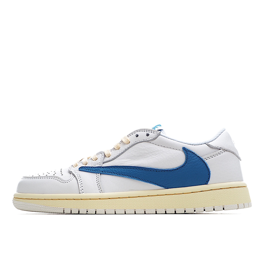 H5 Travis Scott x Fragment x Air Jordan 1 Low TS联名倒勾低帮板鞋 CQ3277- F5 亮点之处在于鞋侧的倒置 Swoosh 鞋面以白色牛巴革及蓝色荔枝皮的混搭设计 反转Swoosh Logo荔枝头层皮打造 错版灵感来源于洛杉矶球鞋店铺收到一双特别的错版 Air Jordan 1“Gold Toe” 的勾子倒过来 之后抄近 H0 00美元 研发出反向勾的设计