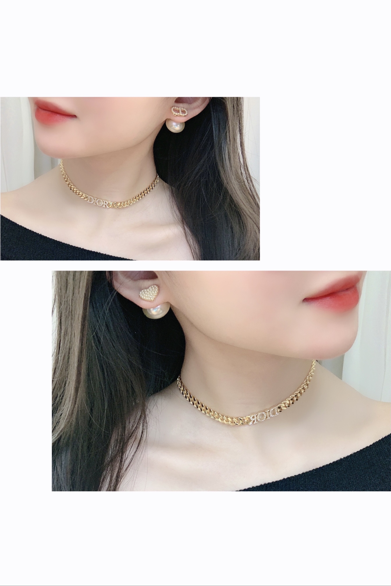 Dior Tribales Earrings & Necklace Set - CD Logo, Pearl Accents, Heart Details