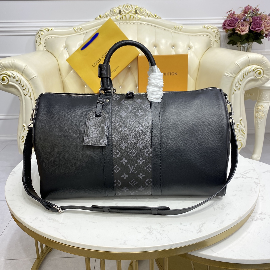 Louis Vuitton LV Keepall Travel Bags Black White Taiga Fashion Casual M30235