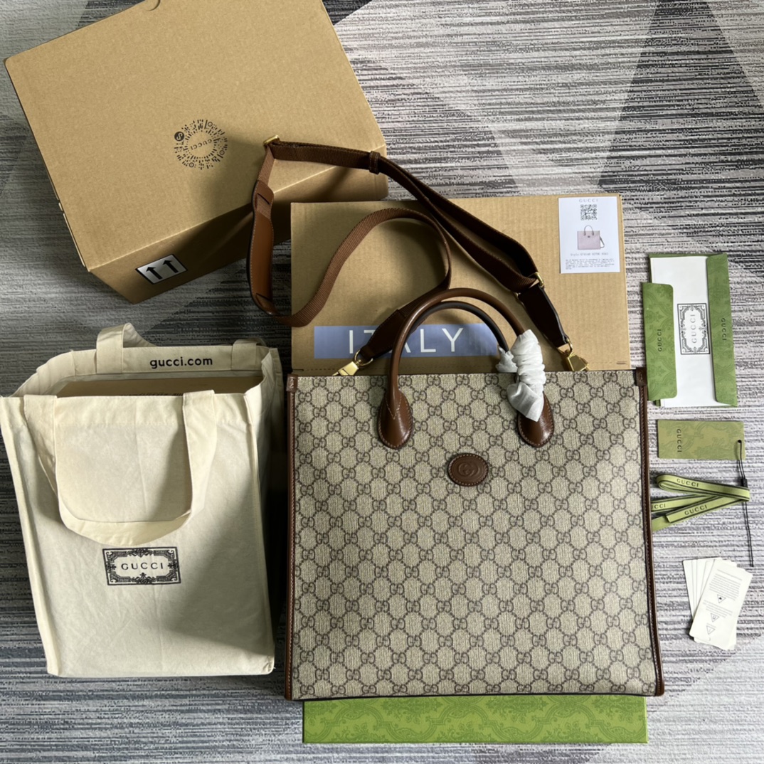 GUCCI GG Supreme палатно Вялікая сумка-тоўт скураная акантоўка ручка і плячовы рэмень