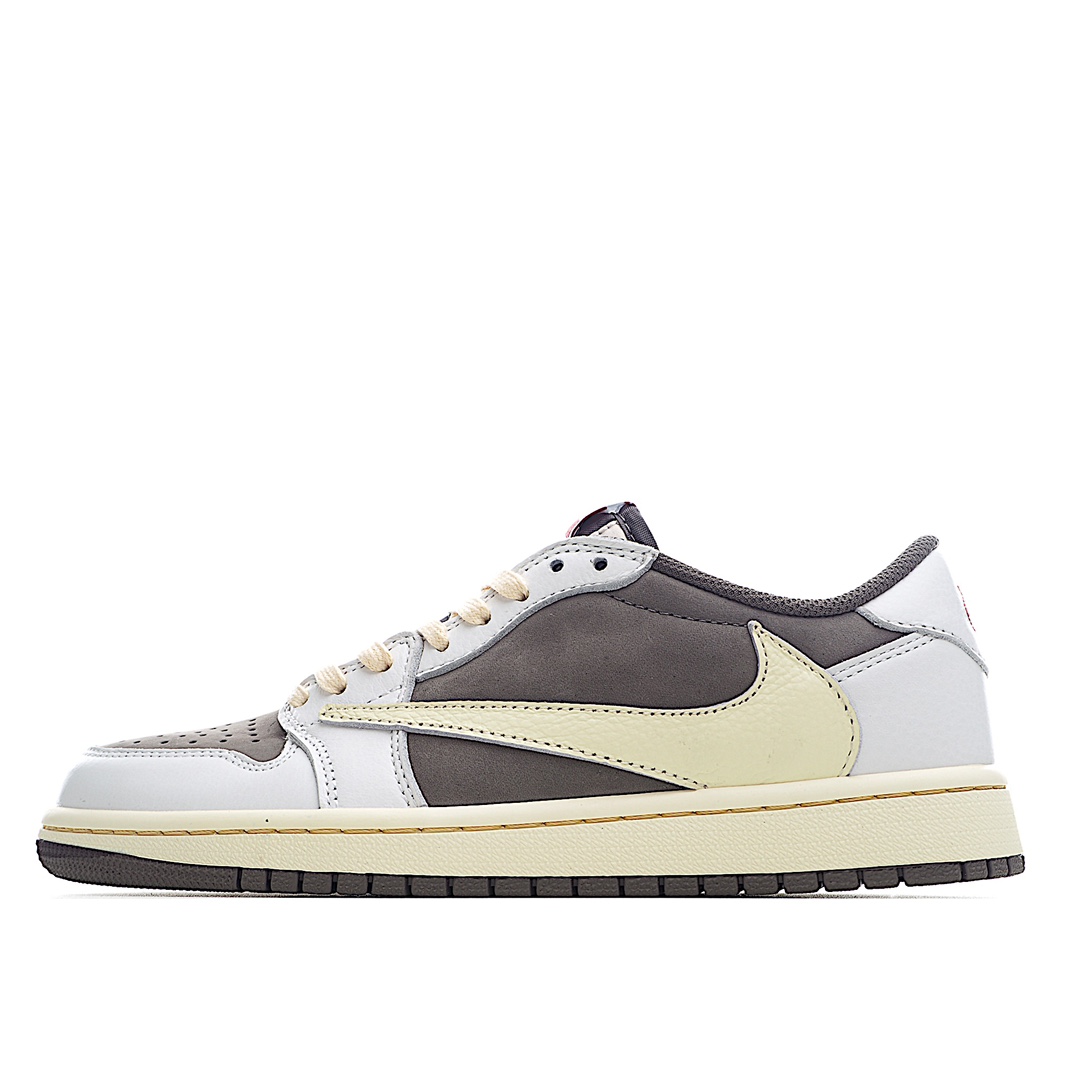 H5 Travis Scott x Fragment x Air Jordan 1 Low TS联名倒勾低帮板鞋 DM7866-162亮点之处在于鞋侧的倒置 Swoosh 鞋面以棕色牛巴革及米黄色荔枝皮的混搭设计 反转Swoosh Logo荔枝头层皮打造 错版灵感来源于洛杉矶球鞋店铺收到一双特别的错版 Air Jordan 1“Gold Toe” 的勾子倒过来 之后抄近 H0 00美元 研发出反向勾的设计