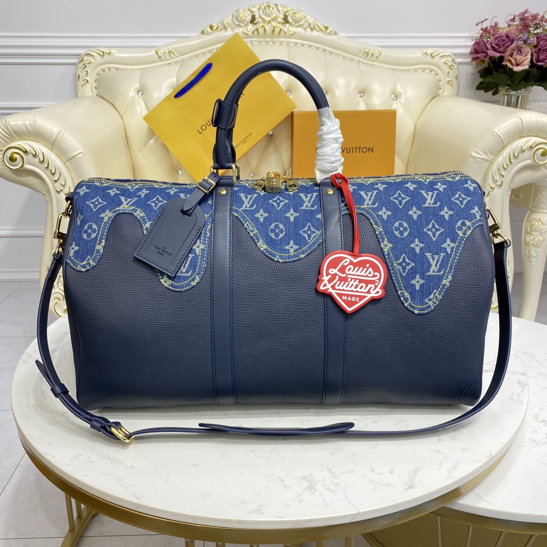 Louis Vuitton LV Keepall Travel Bags Black Blue Taurillon Cowhide Denim Spring Collection M45975