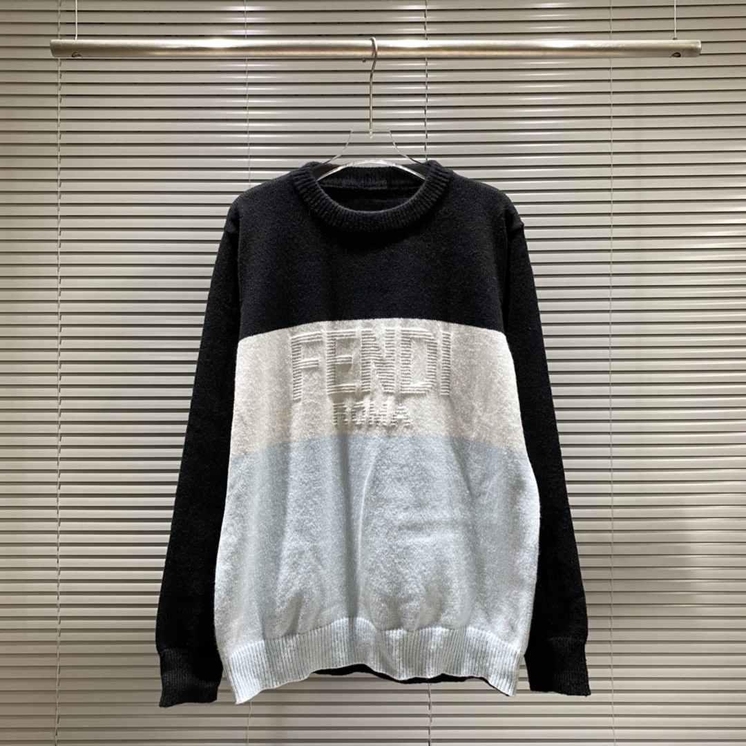 Suéter de cuello redondo de FD con jacquard de logo tridimensional en colores combinados, negro, tallas: S M L XL XXL