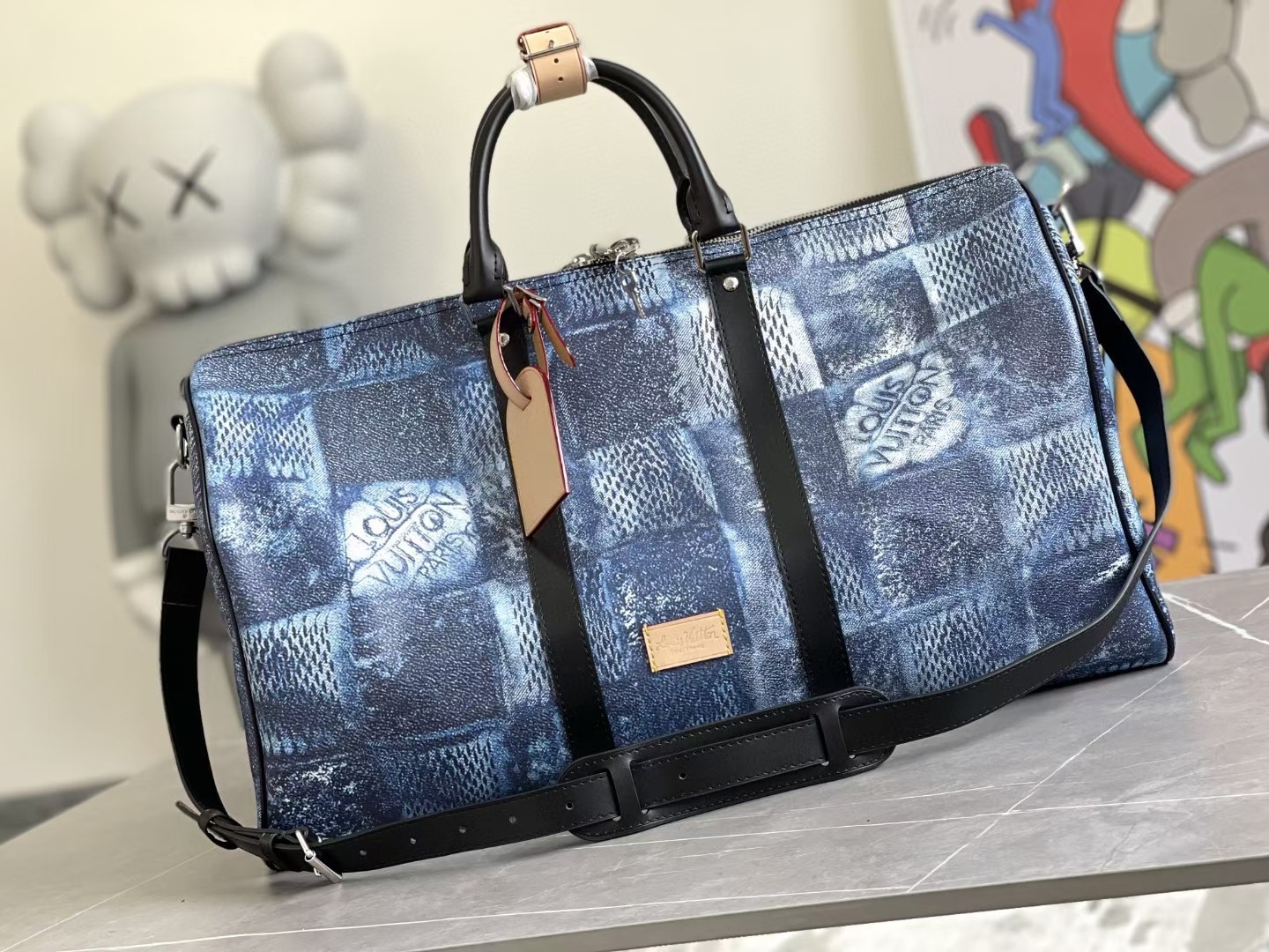 Louis Vuitton LV Keepall Travel Bags Blue Grey Lattice Canvas Denim N50069