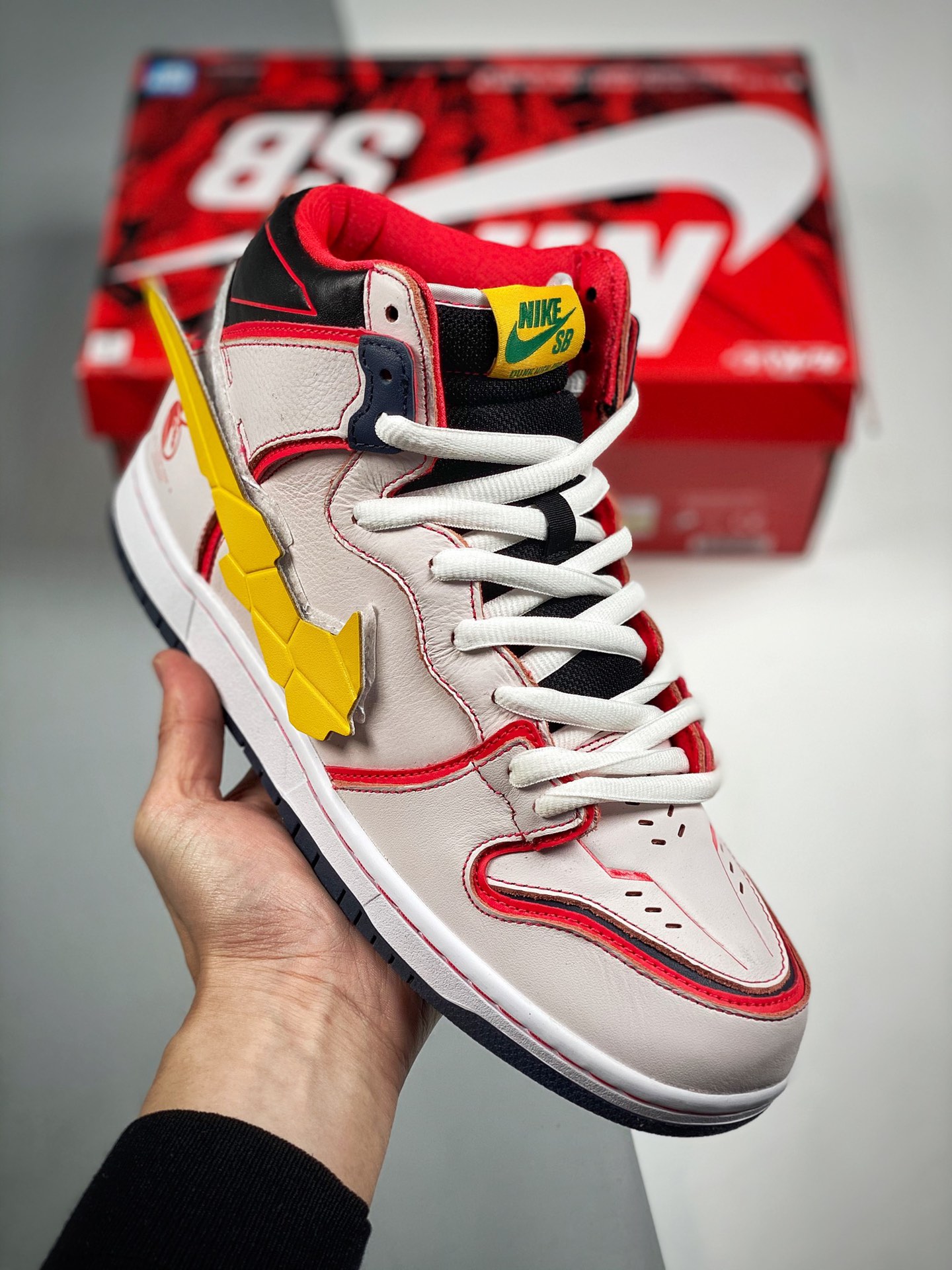 Nike SB Dunk High Pro blanco/amarillo/rojo, colaboración Gundam, versión preferida de fábrica pura original, desarrolla…