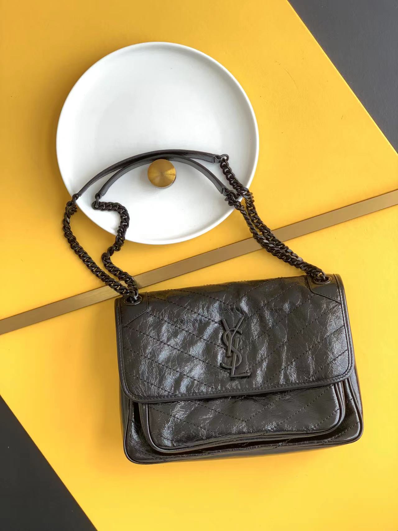 YSL Niki Medium Black Chain Bag Quilted Flap D-ring