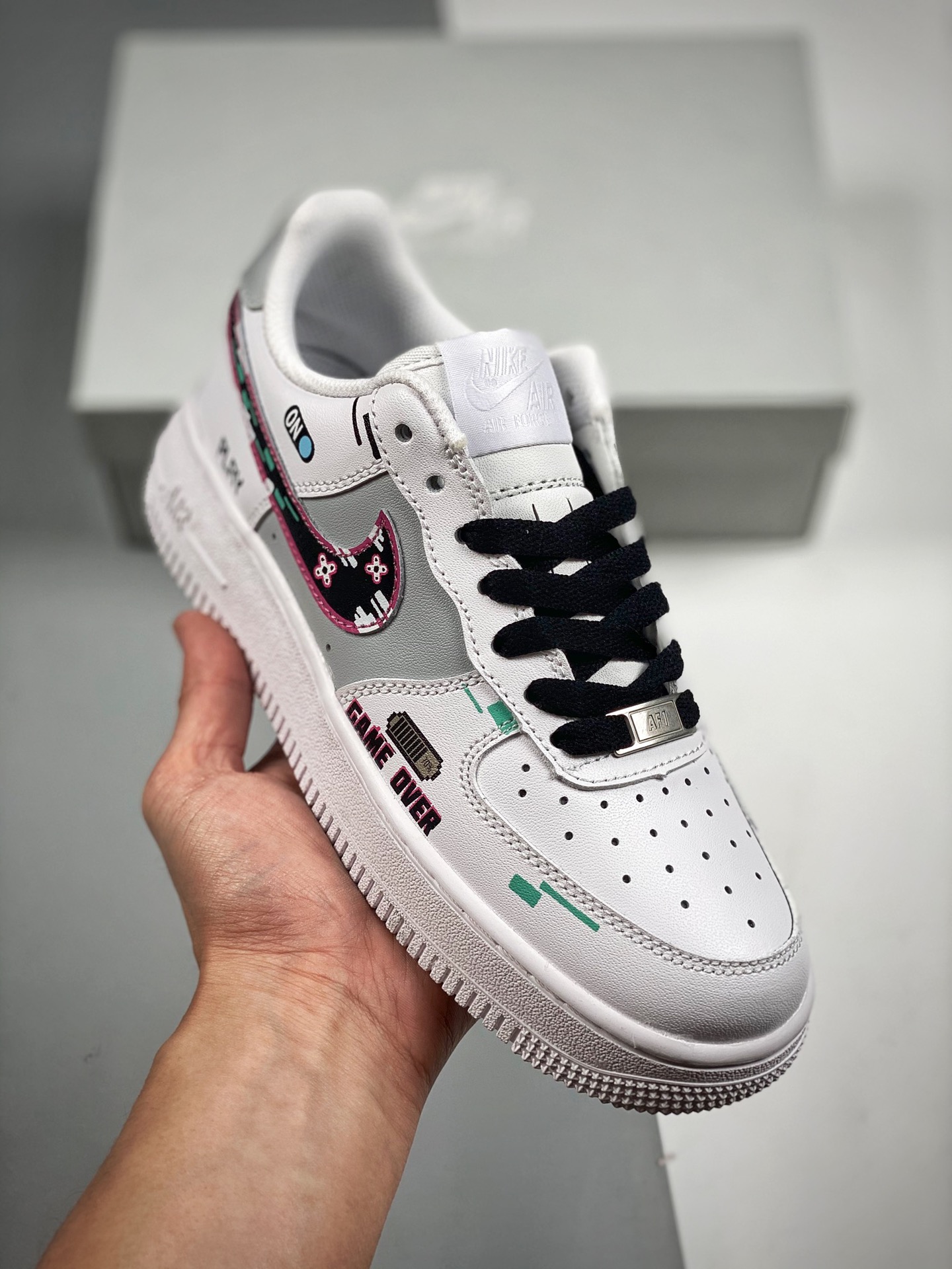 Nike Air Force 1 Low’07 gris blanco tema de videojuegos PS5, horma original y cartón original, creando la auténtica ver…
