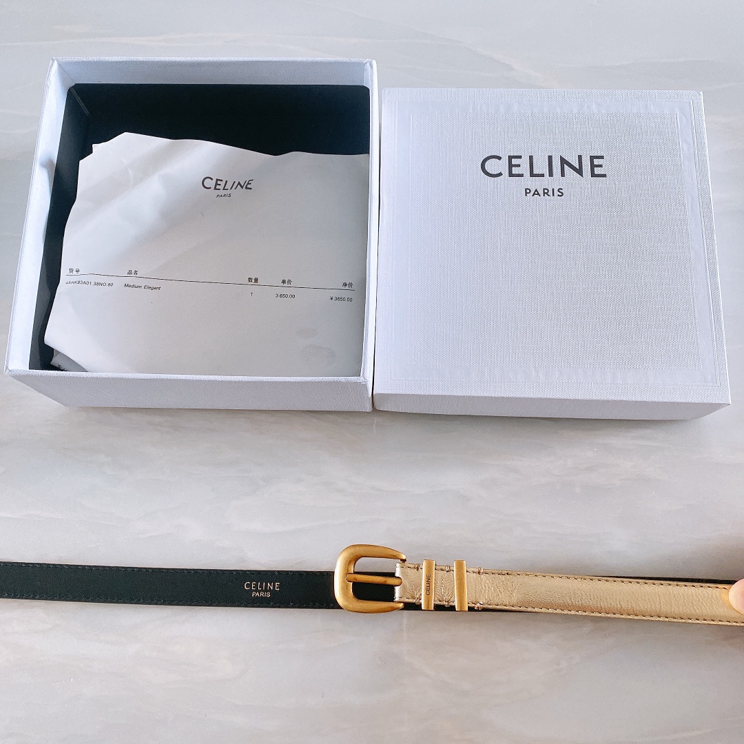 céline光滑牛皮革配ELEGANT腰带.金色.银色金属件！腰带饰有2个金属环.第一个圆环上携刻CEL