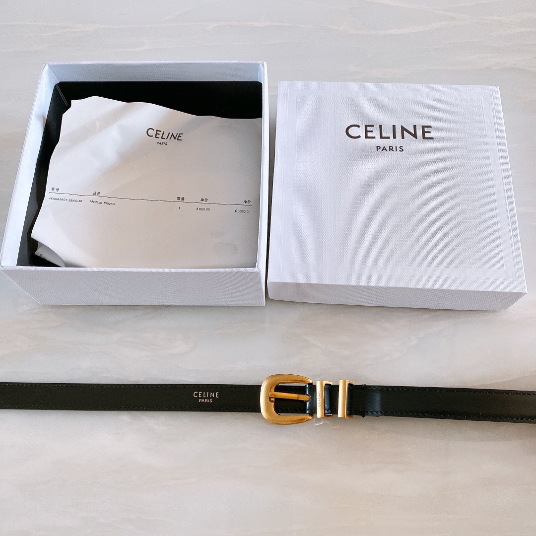 céline光滑牛皮革配ELEGANT腰带.金色.银色金属件！腰带饰有2个金属环.第一个圆环上携刻CEL