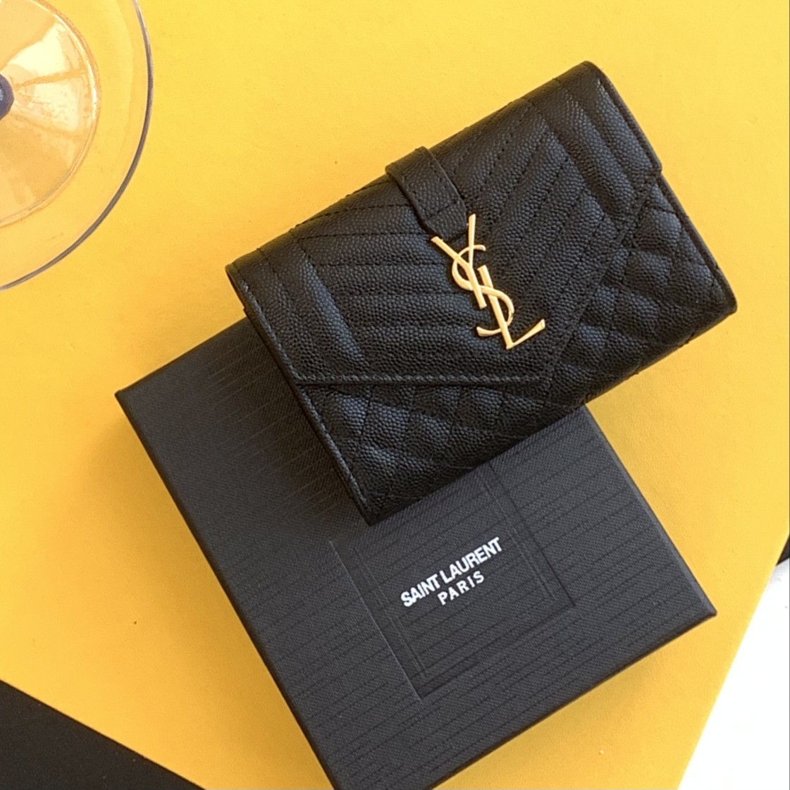 YSL Envelope Coin Purse Grain-Embossed Leather Mixed Quilted Metal Letter Logo