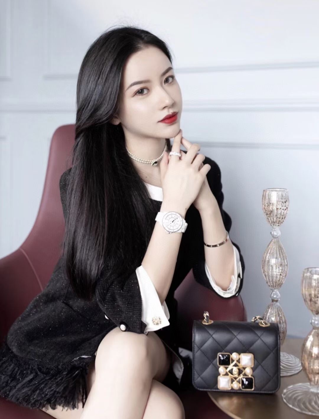 【香椭圆珠项圈】辛芷蕾同款！超美超美的choker，黑白两色双排珠的设计，中间一排钻固定，全部手工编织工