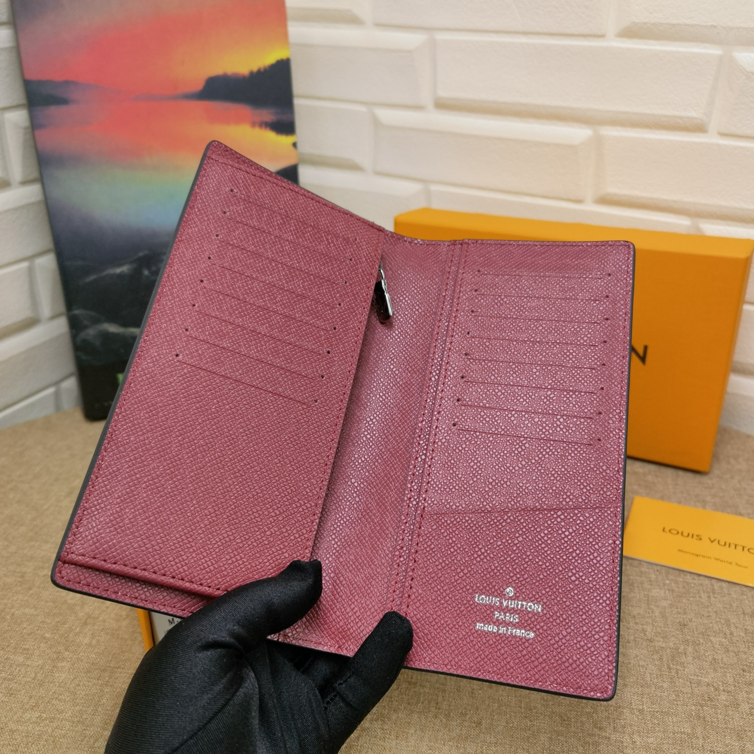 Close up of card slots inside the leather bifold wallet