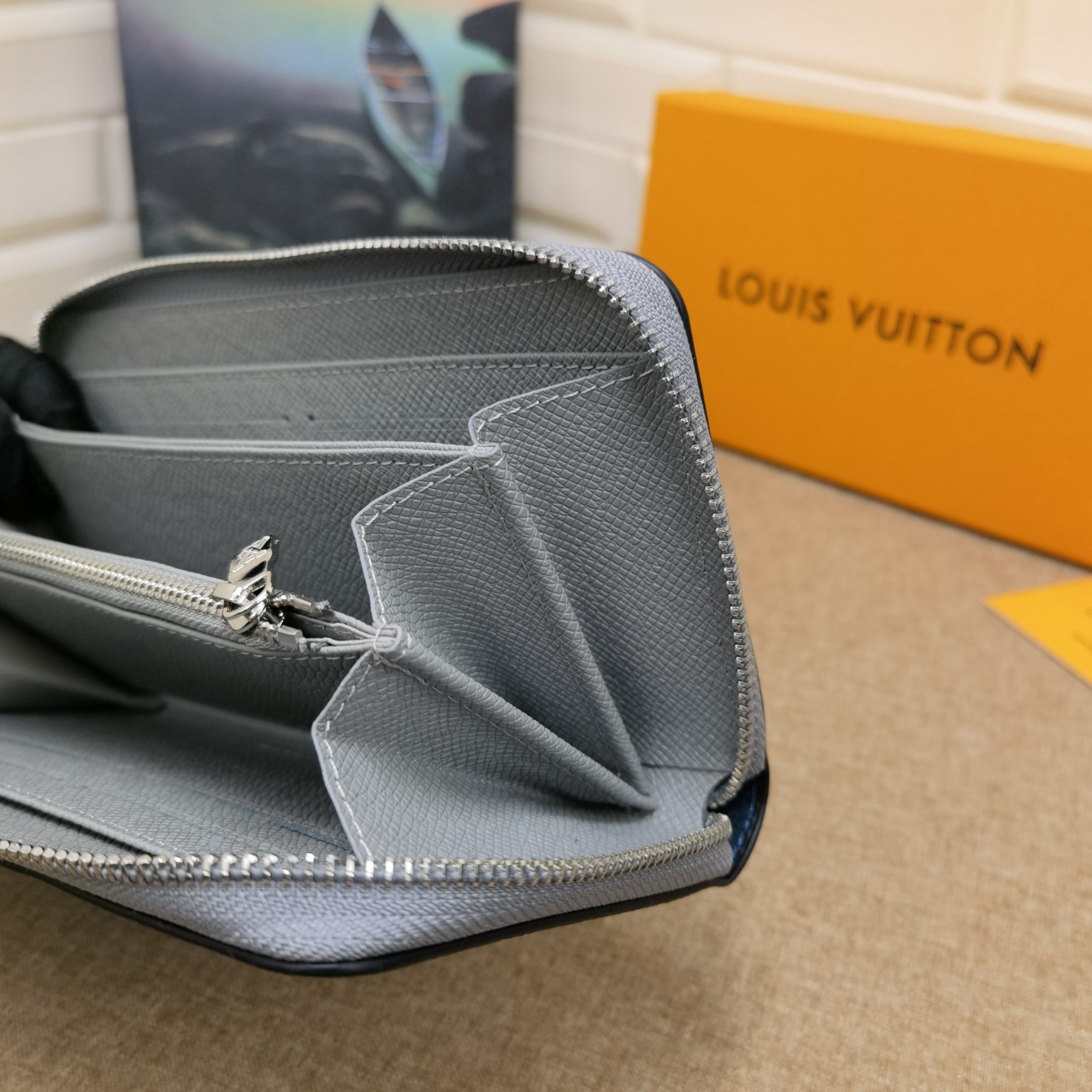 Leather zip wallet branding detail