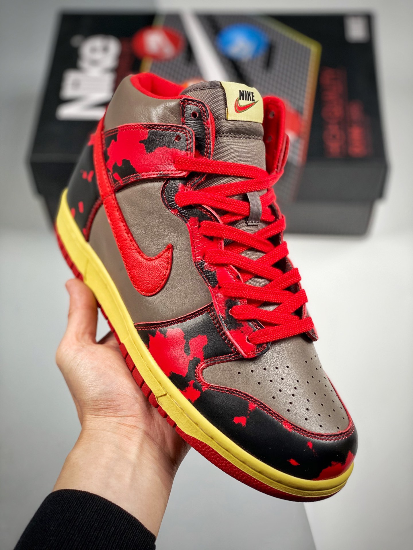 Nike Dunk High "Red Camo" gris negro rojo, zapatillas de skate de caña alta con lavado ácido, producción pura de fábric…