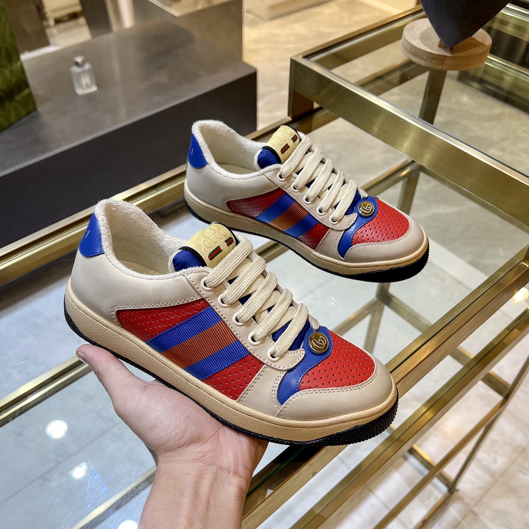 ex fábrica Gucci. zapatos sucios azul y negro rojo piel perforada rojo azul cincha azul cuero detall