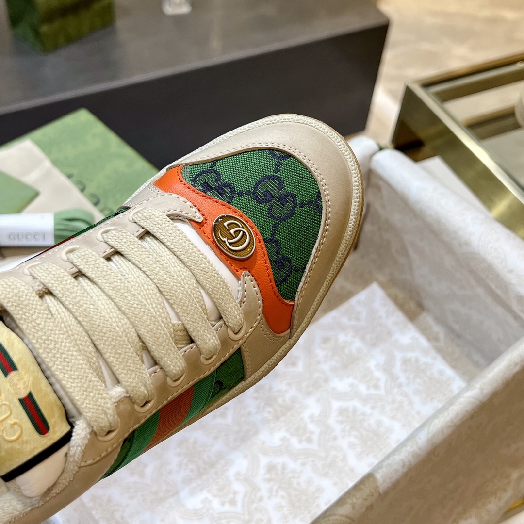 ex fábrica Gucci. zapatos sucios tela doble G naranja y verde cincha roja y verde detalle piel naran