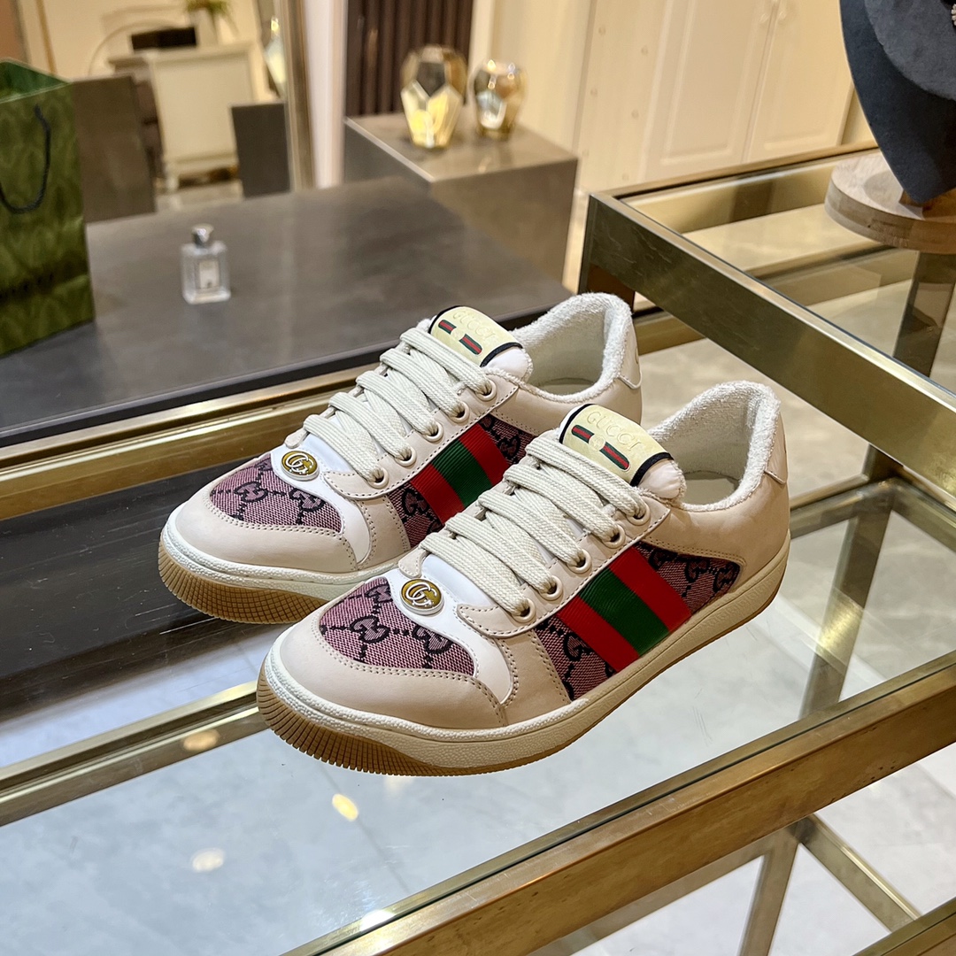 ex fábrica Gucci. zapatos sucios blanco y rosa tela doble G cincha roja y verde ribete detalle cuero