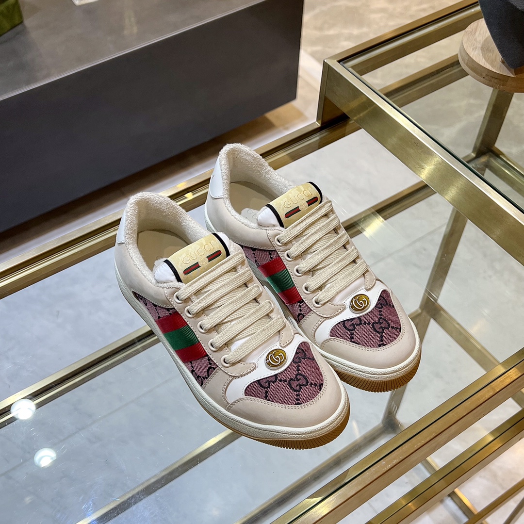 ex fábrica Gucci. zapatos sucios blanco y rosa tela doble G cincha roja y verde ribete detalle cuero