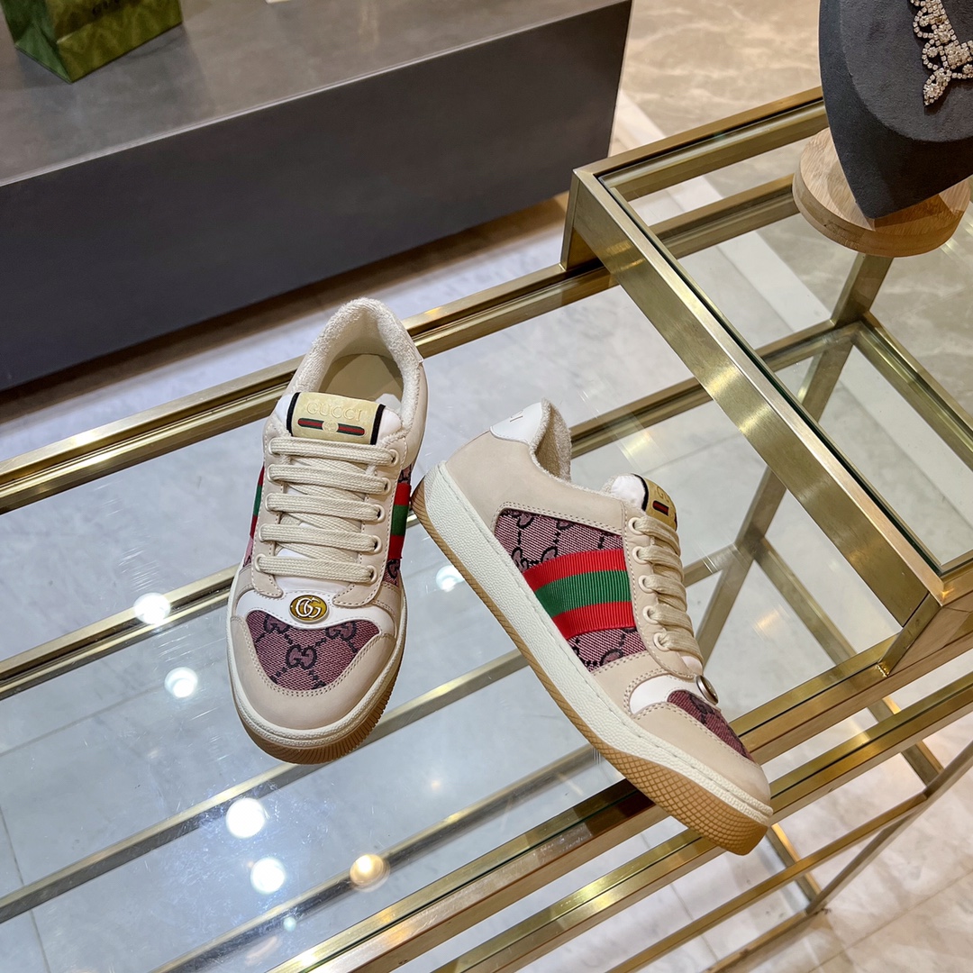 ex fábrica Gucci. zapatos sucios blanco y rosa tela doble G cincha roja y verde ribete detalle cuero