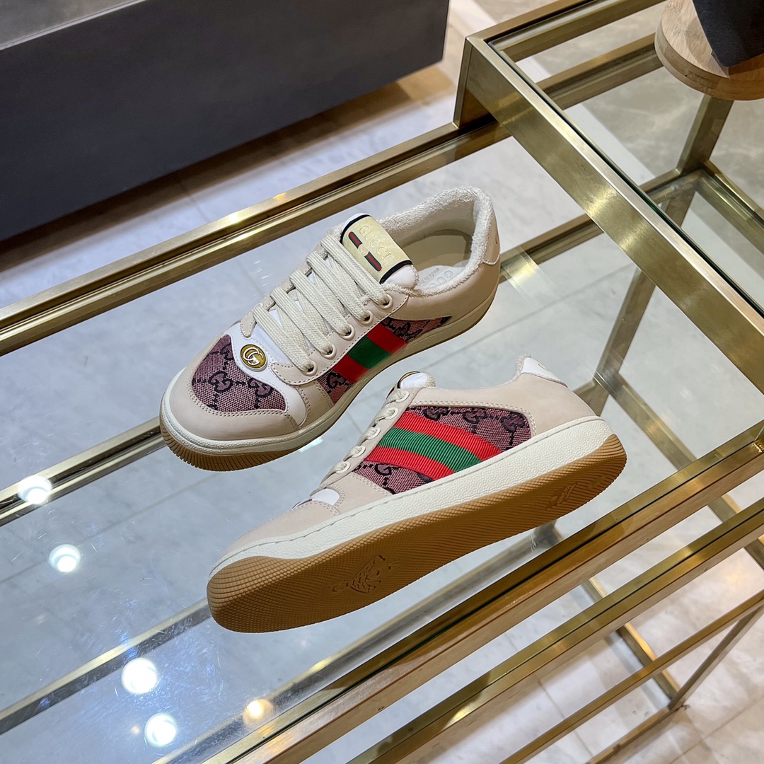 ex fábrica Gucci. zapatos sucios blanco y rosa tela doble G cincha roja y verde ribete detalle cuero