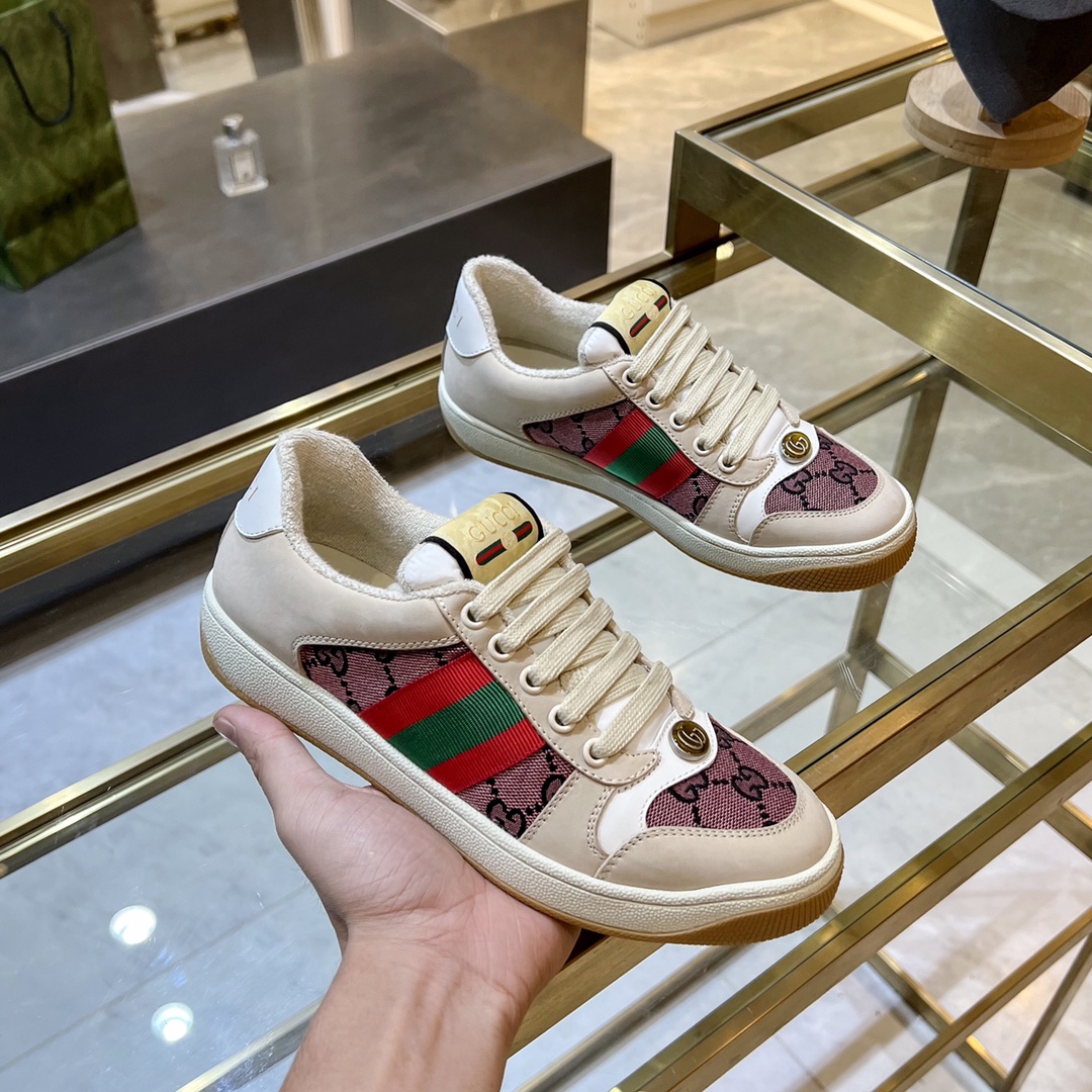 ex fábrica Gucci. zapatos sucios blanco y rosa tela doble G cincha roja y verde ribete detalle cuero