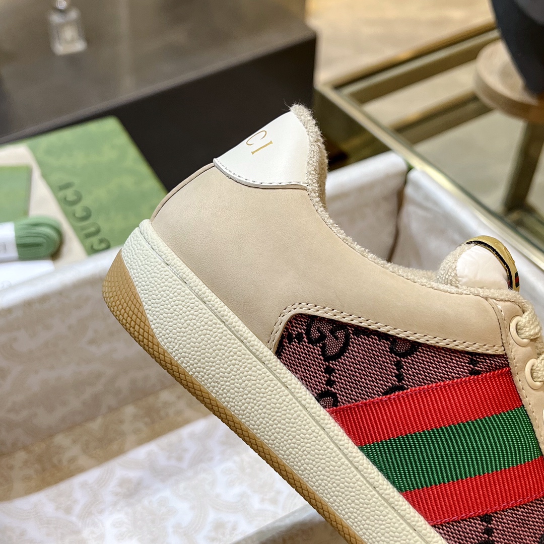 ex fábrica Gucci. zapatos sucios blanco y rosa tela doble G cincha roja y verde ribete detalle cuero