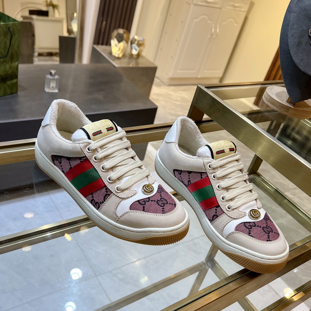 ex fábrica Gucci. zapatos sucios blanco y rosa tela doble G cincha roja y verde ribete detalle cuero