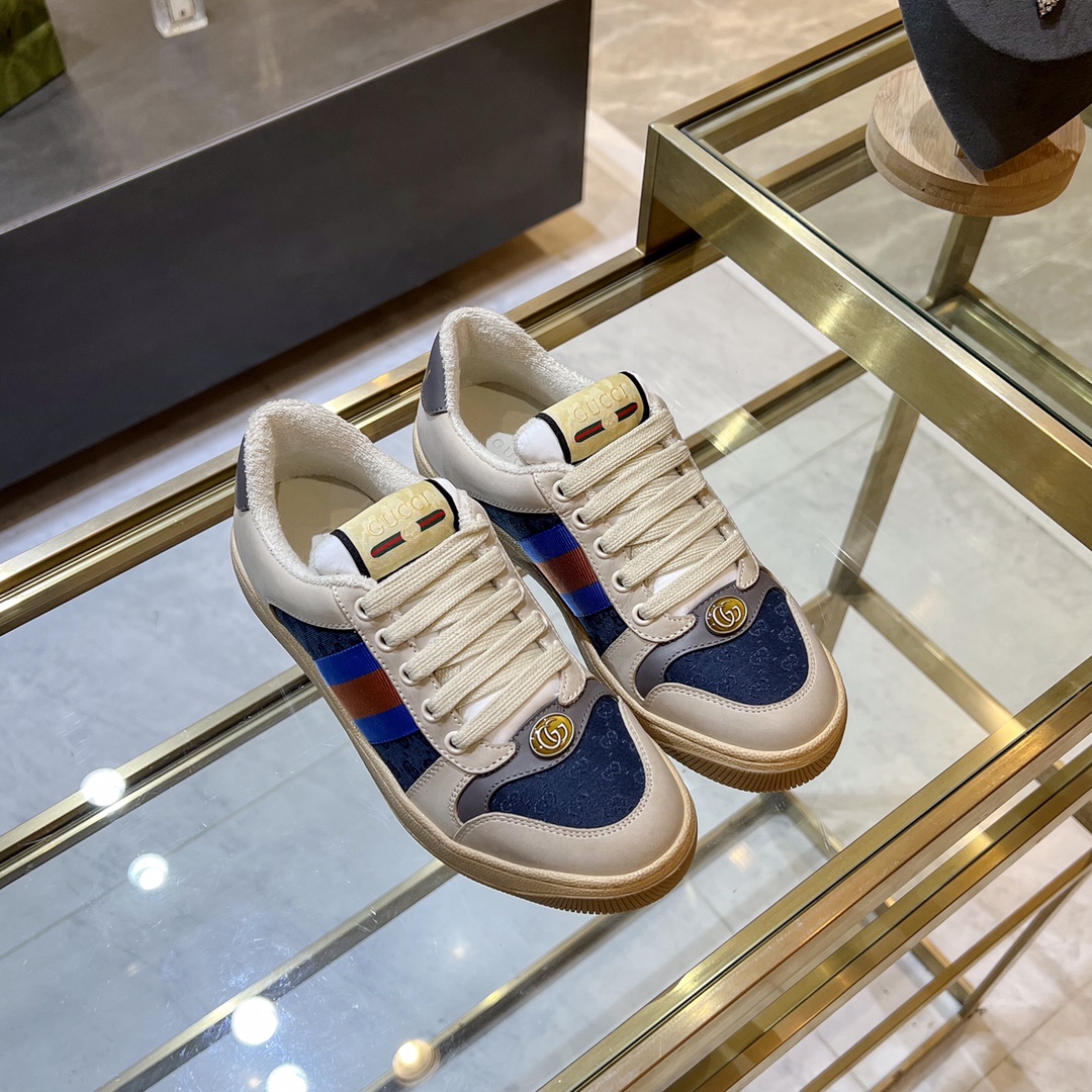 ex fábrica Gucci. zapatos sucios gris y azul doble G paño mujer rojo y azul cincha gris cuero detall