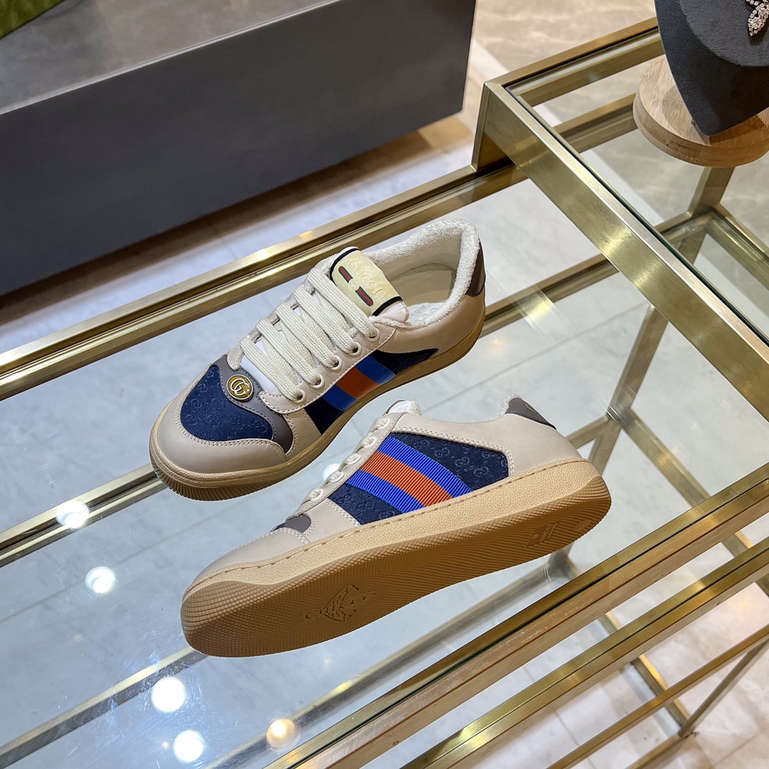 ex fábrica Gucci. zapatos sucios gris y azul doble G paño mujer rojo y azul cincha gris cuero detall
