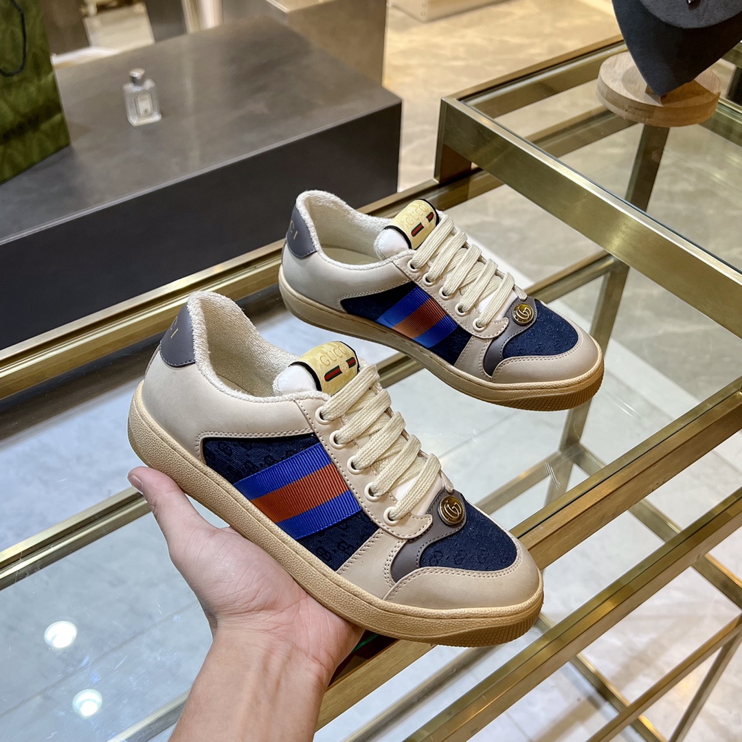 ex fábrica Gucci. zapatos sucios gris y azul doble G paño mujer rojo y azul cincha gris cuero detall