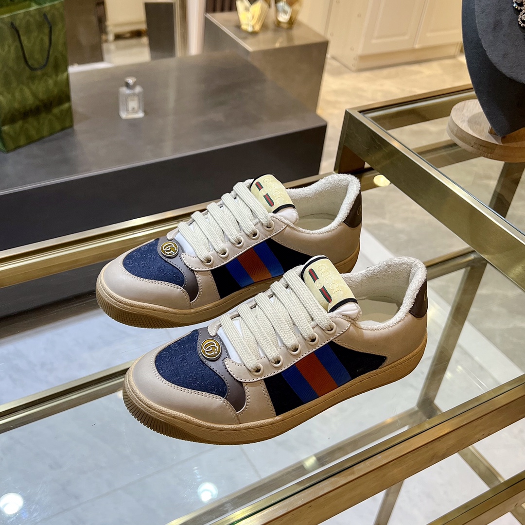 ex fábrica Gucci. zapatos sucios gris y azul doble G paño mujer rojo y azul cincha gris cuero detall