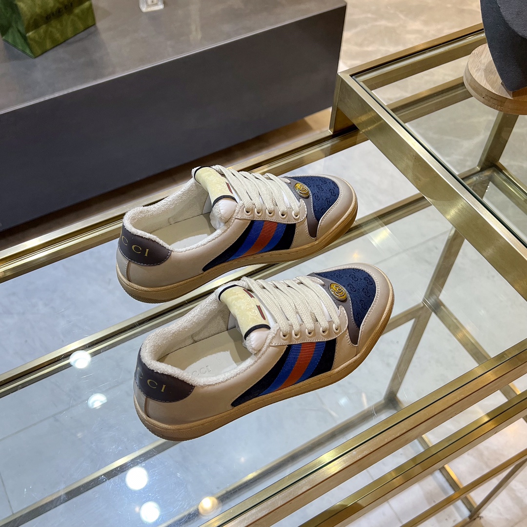 ex fábrica Gucci. zapatos sucios gris y azul doble G paño mujer rojo y azul cincha gris cuero detall
