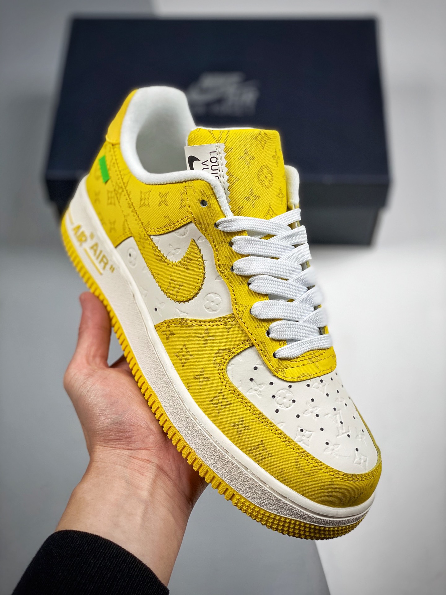LV x Nike Air Force 1 Low Louis Vuitton collaboration original last original cardboard authentic Air Force shape focuse…