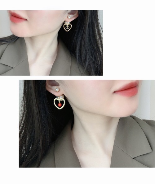Dior Asymmetrical Heart Earrings with CD Logo and Red Pearl - Elegant Style 1 Dior Asymmetrical Heart Earrings with CD Logo and Red Pearl - Elegant Style