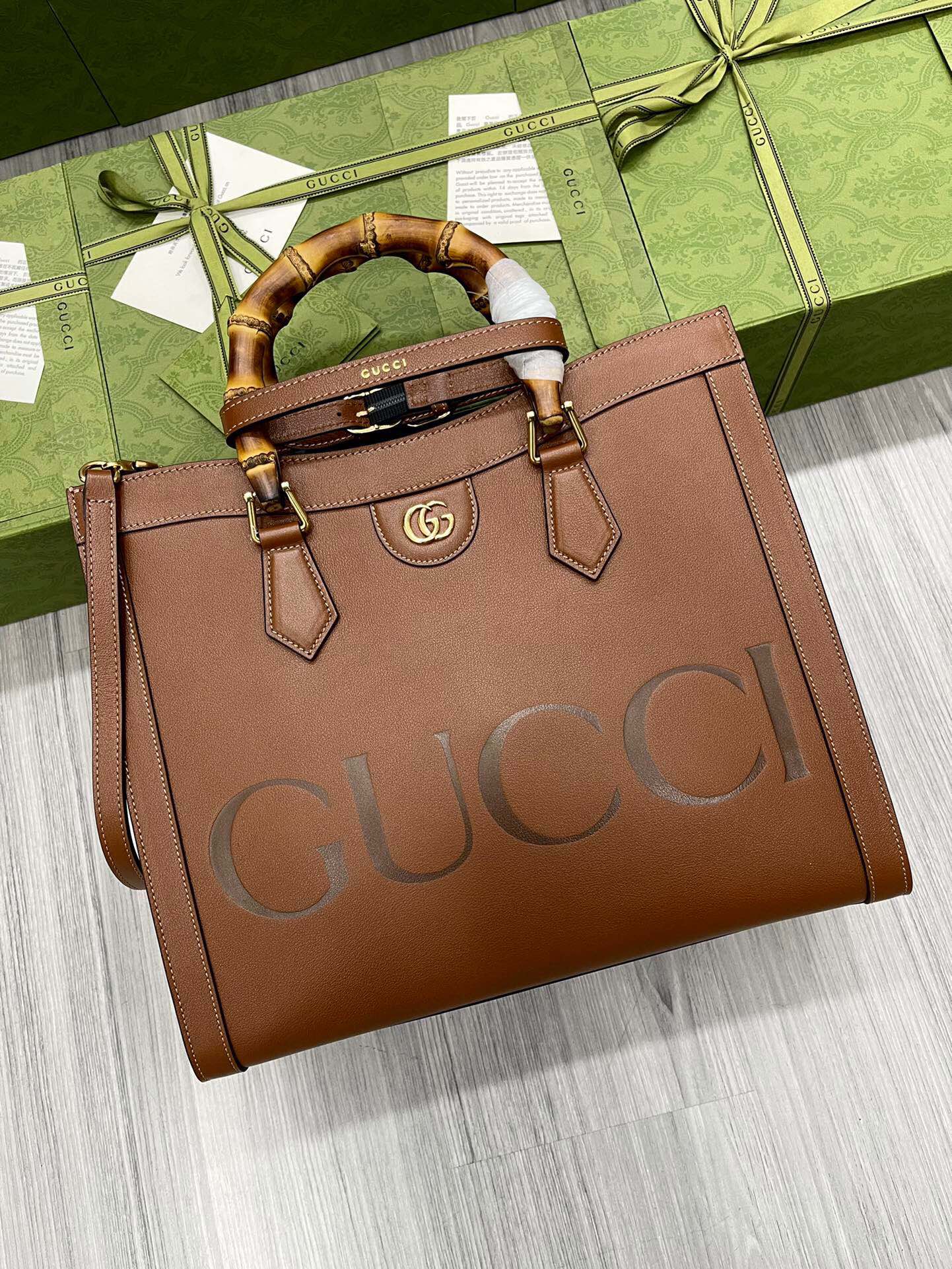 GUCCI DIANA Tote Bag Bamboo Handle Double G Hardware Leather