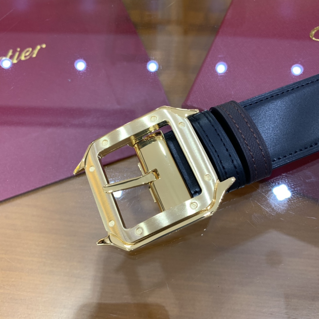 镀钯饰面针扣式皮带Cartier标志黑色与棕色牛皮双面皮带浮雕“Cartier”标志尺寸宽35毫米可调节