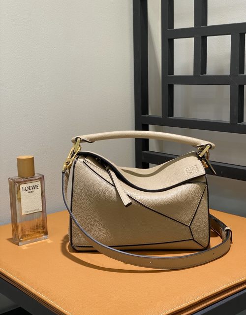 LOEWE Puzzle Small Bag in Grained Calfskin Leather, Sand Color 1 LOEWE Puzzle Small Bag in Grained Calfskin Leather, Sand Color