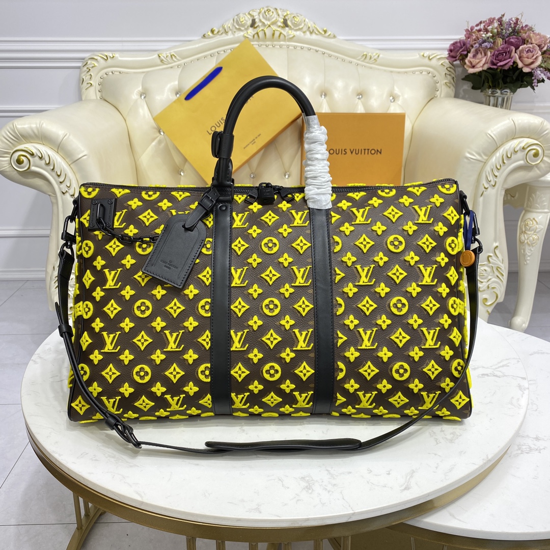 Louis Vuitton LV Keepall Travel Bags Black Yellow Embroidery Canvas Triangle M45046