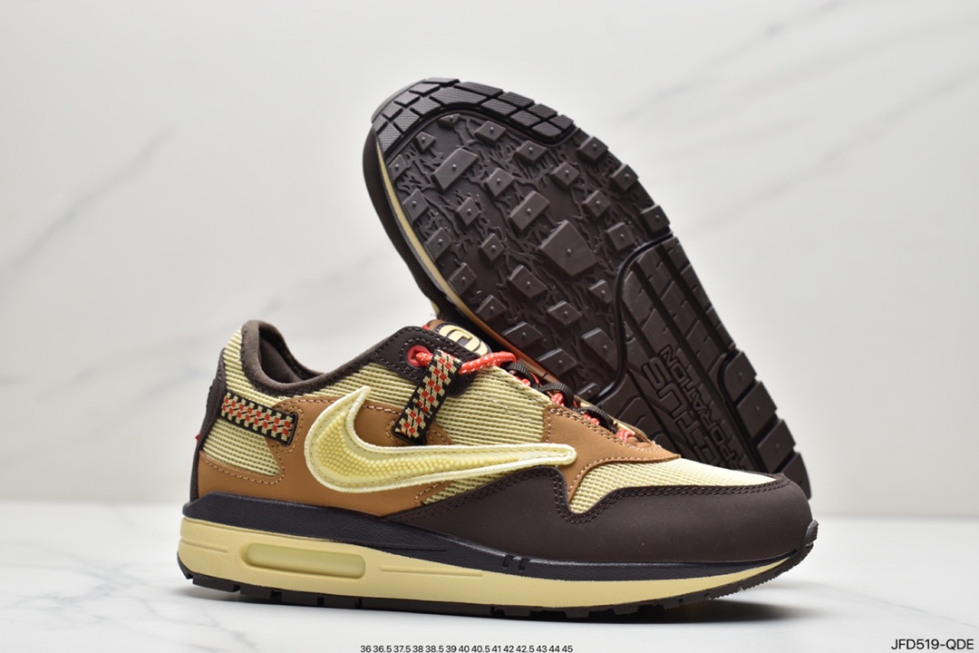170 Travis Scott x Nike Air Max 1”Cactus Jack”休闲运动慢跑鞋“深棕麦黄米倒钩”DO9392-200