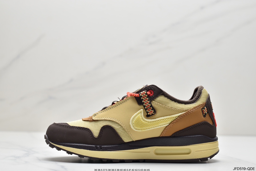 170 Travis Scott x Nike Air Max 1”Cactus Jack”休闲运动慢跑鞋“深棕麦黄米倒钩”DO9392-200