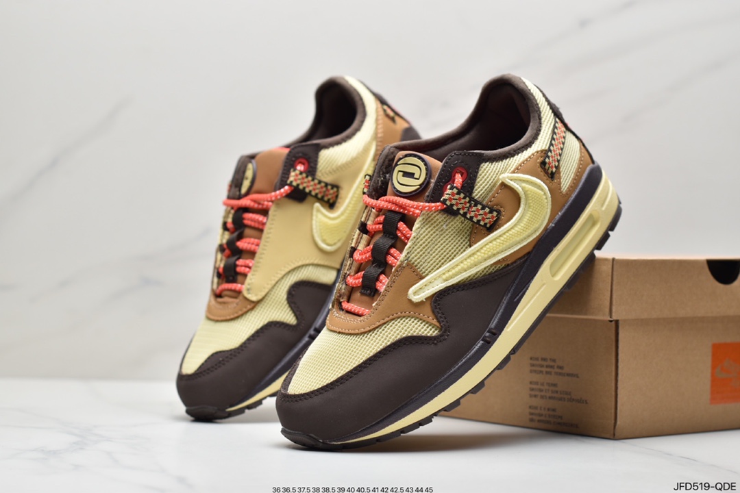 170 Travis Scott x Nike Air Max 1”Cactus Jack”休闲运动慢跑鞋“深棕麦黄米倒钩”DO9392-200