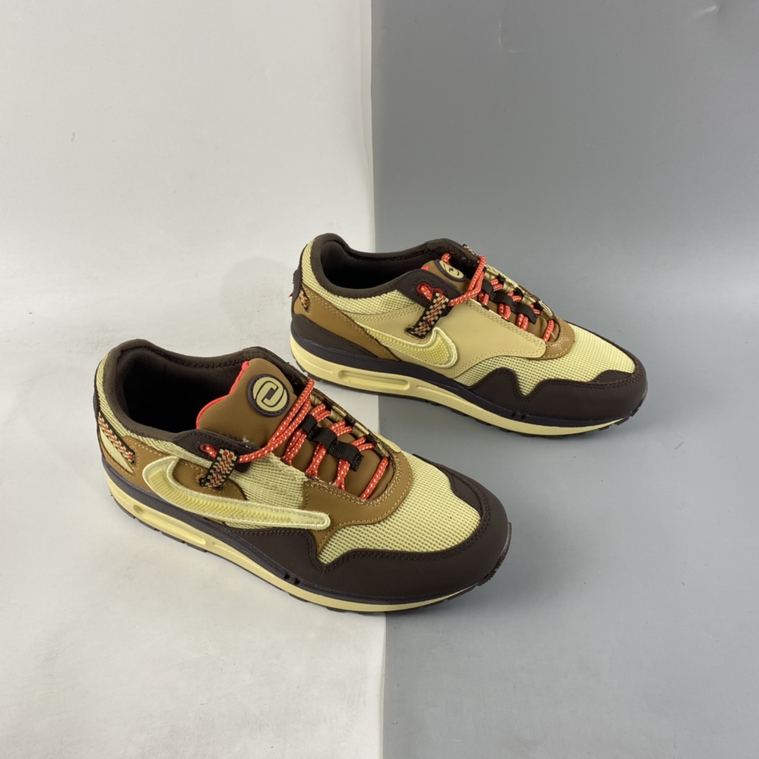 P180 Travis Scott x NIKE Air Max 1 ”Cactus Jack” 低帮复古百搭休闲运动慢跑鞋“深棕麦黄米倒钩”DO9392-200