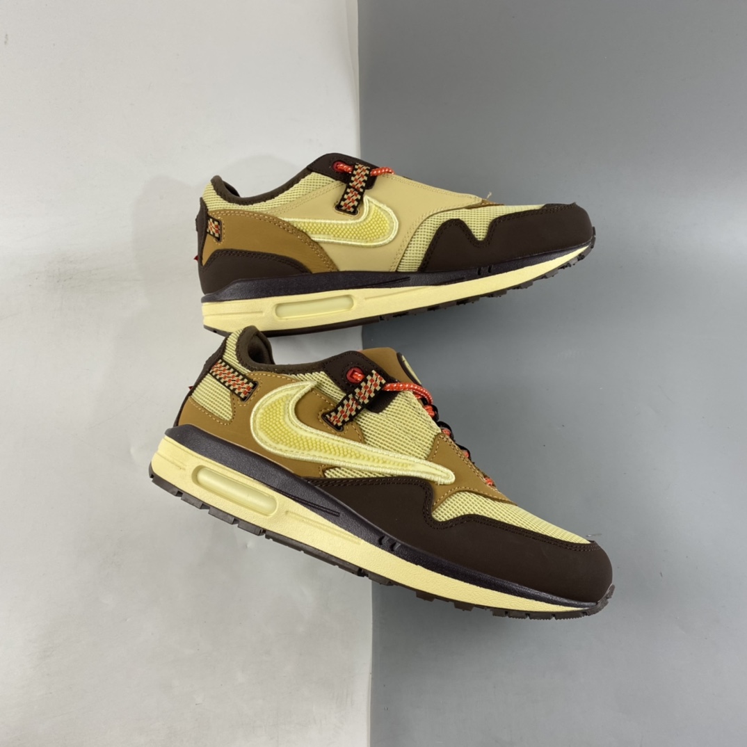 P180 Travis Scott x NIKE Air Max 1 ”Cactus Jack” 低帮复古百搭休闲运动慢跑鞋“深棕麦黄米倒钩”DO9392-200