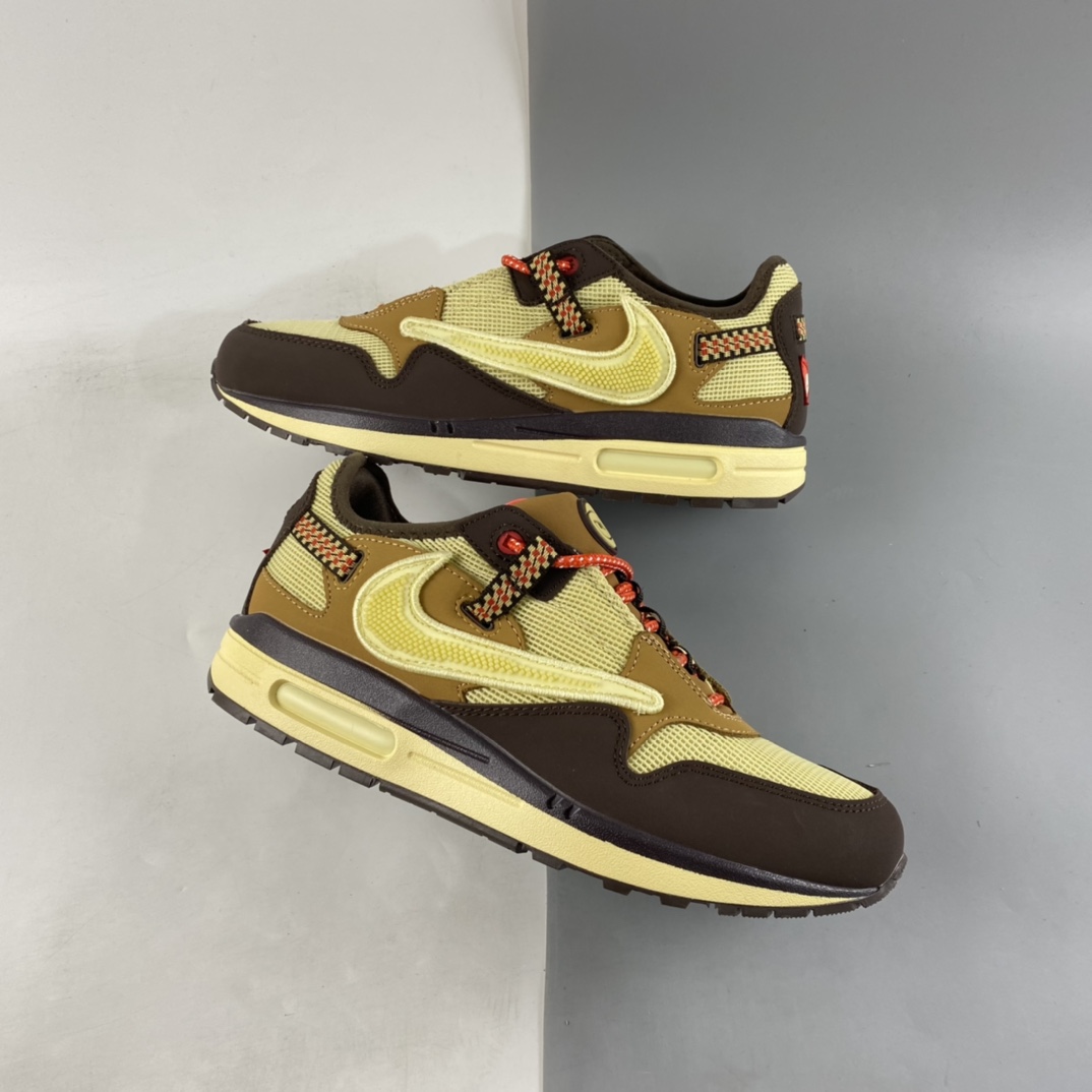 P180 Travis Scott x NIKE Air Max 1 ”Cactus Jack” 低帮复古百搭休闲运动慢跑鞋“深棕麦黄米倒钩”DO9392-200