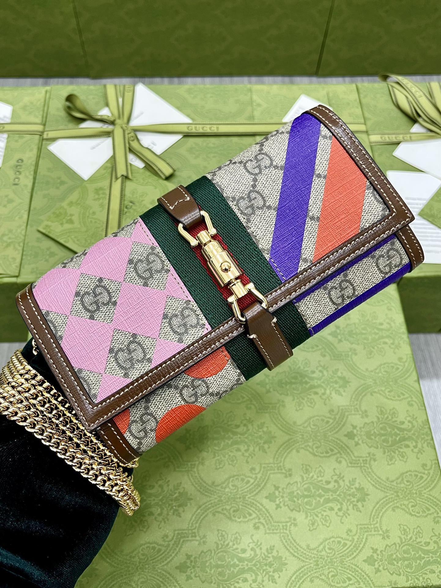GUCCI Jackie 1961 серыя, сумачка на ланцужку, залатая кнопка-зашчапка, здымны ланцужок, цёмна-зялёная шарсцяная тканіна, элегантная і вечная — топ-якасць