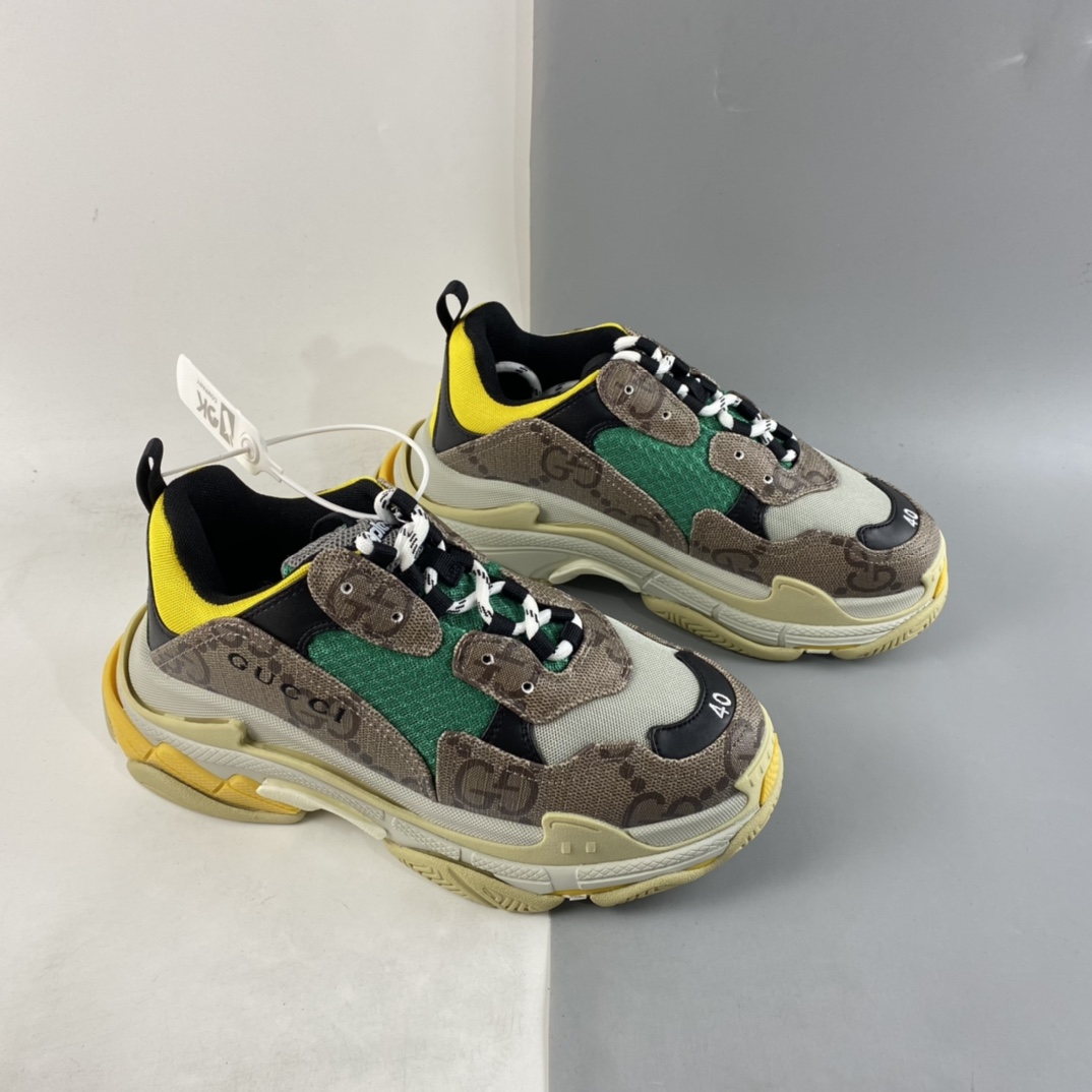 P480  Gucci x Balenciaga Triple S Clear Sole Sneaker”The Hacker Project”巴黎世家时装复古厚底增高百搭休闲运动姥爷球鞋“GG乌木棕绿黄黑”681067 UMO20 9766