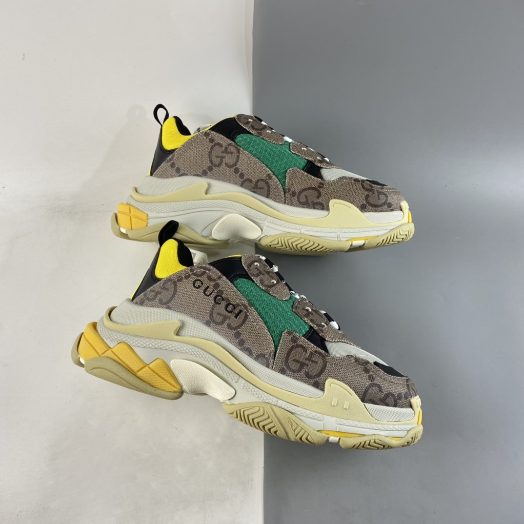 P480  Gucci x Balenciaga Triple S Clear Sole Sneaker”The Hacker Project”巴黎世家时装复古厚底增高百搭休闲运动姥爷球鞋“GG乌木棕绿黄黑”681067 UMO20 9766