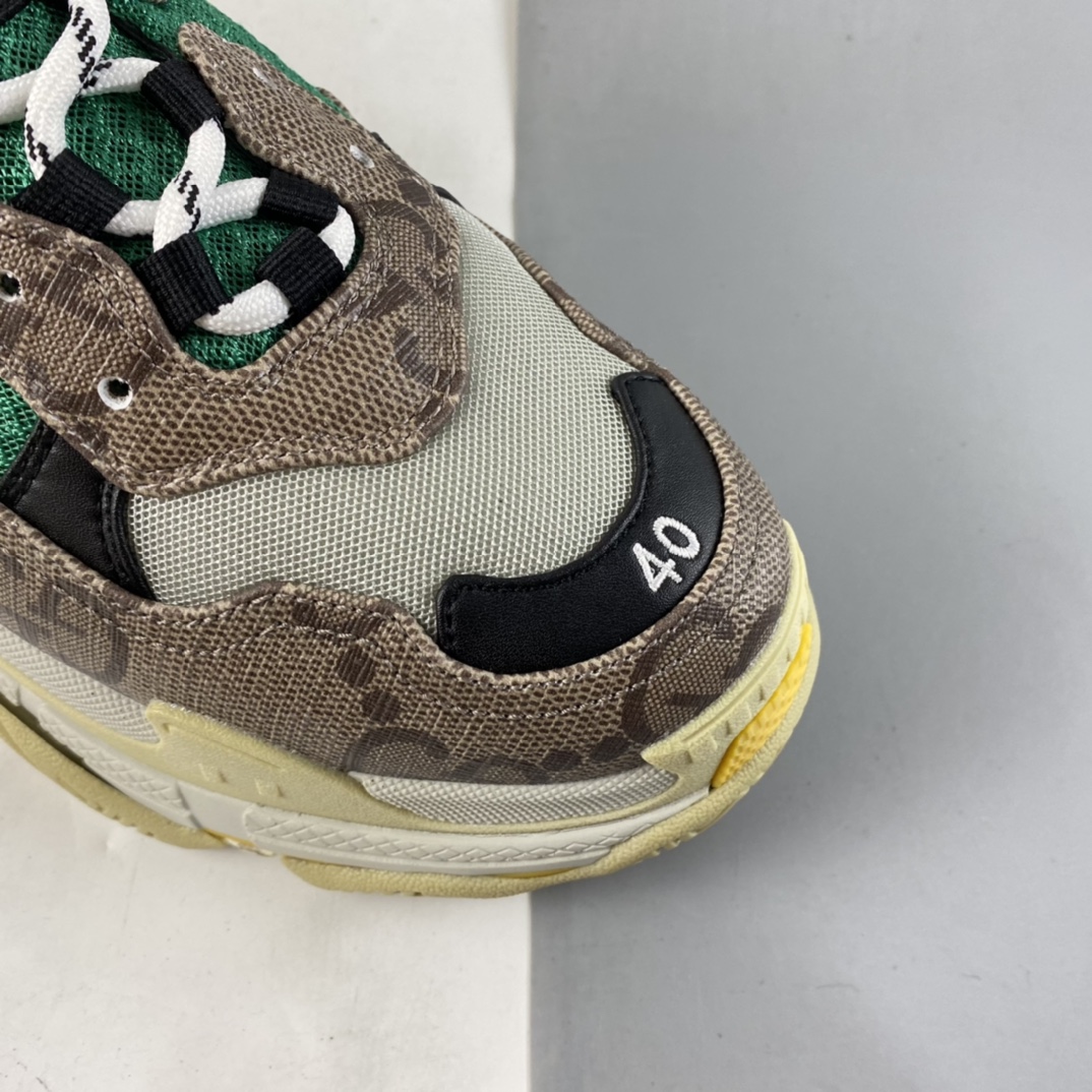 P480  Gucci x Balenciaga Triple S Clear Sole Sneaker”The Hacker Project”巴黎世家时装复古厚底增高百搭休闲运动姥爷球鞋“GG乌木棕绿黄黑”681067 UMO20 9766